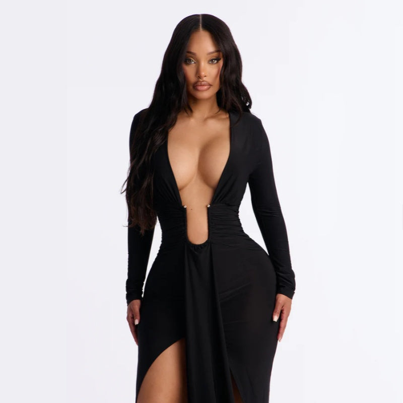 Long Sleeve Deep V Bodycon Midi Dress