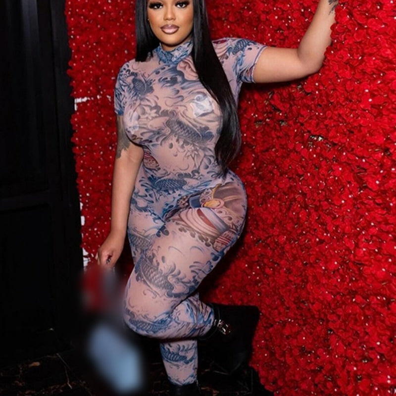 Printed Sheer Mesh Mock Neck Jumpsuit