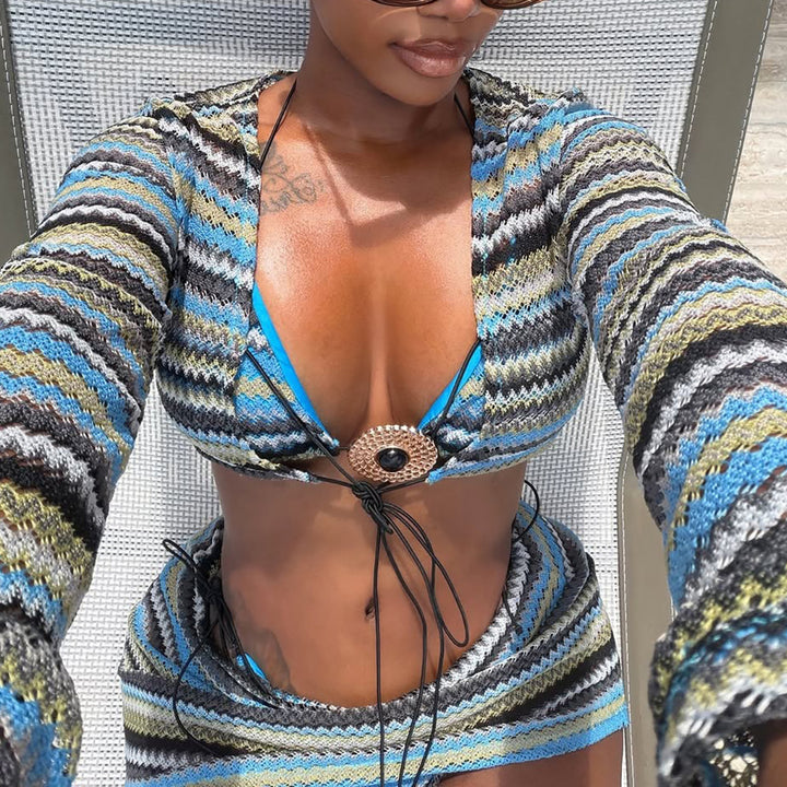 Striped Knit Beach Cover Up Bikini set