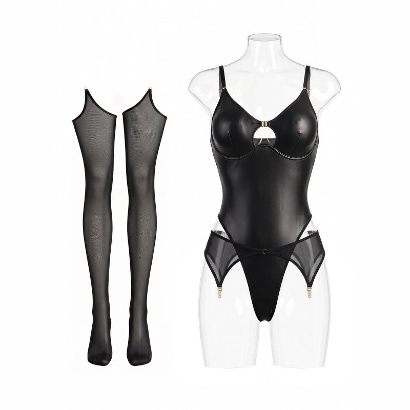 Cut-Out Shaping Bodysuit PU Leather Lingerie