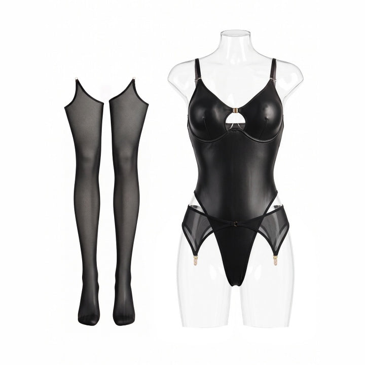 Cut-Out Shaping Bodysuit PU Leather Lingerie