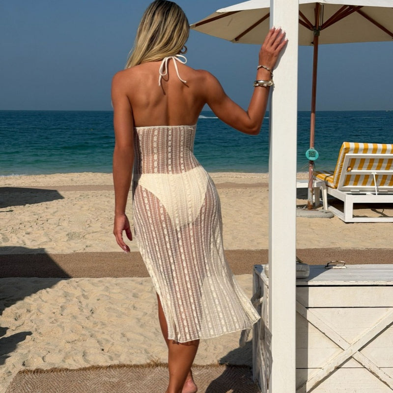 Halter Textured Knit Keyhole Split Beach Dress