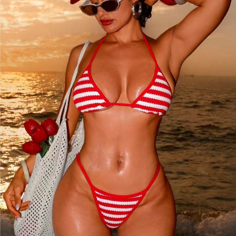 Red White Stripe Knit Halter Bikini Set