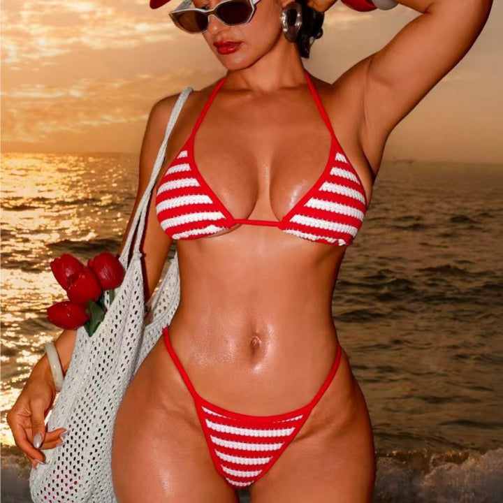 Red White Stripe Knit Halter Bikini Set