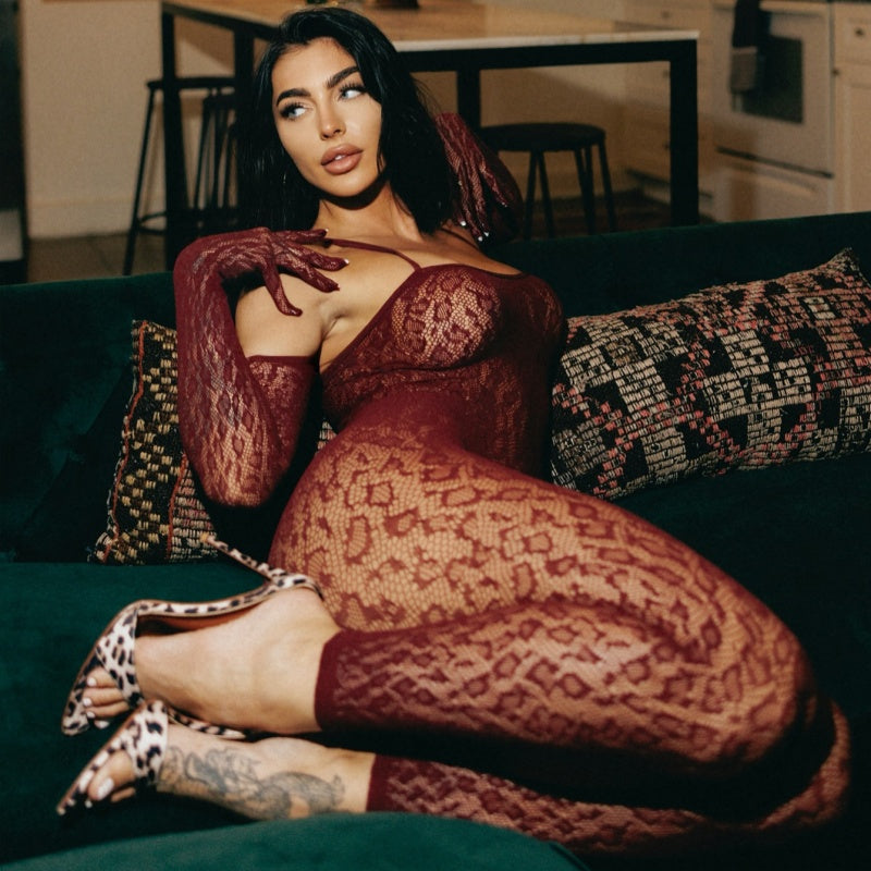 Sexy Long-Sleeve Hollow Out Leopard Pattern Bodystocking