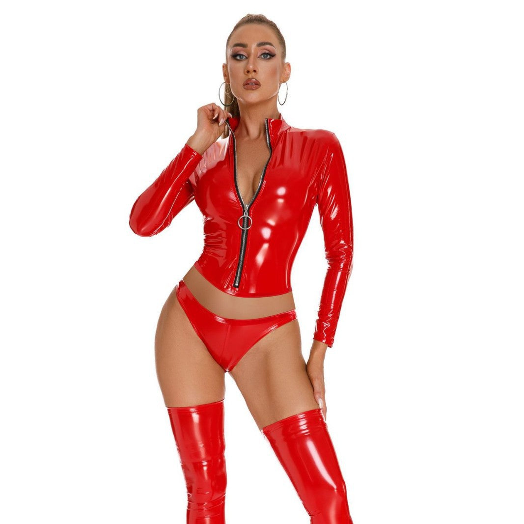 Glossy Patent Leather Zip Crop Top Bikini
