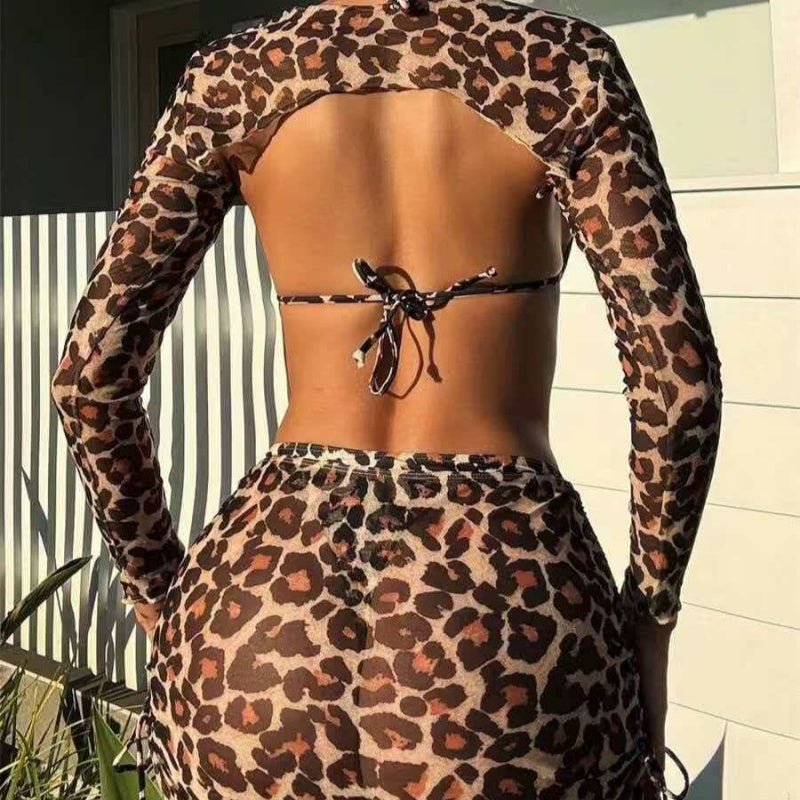 Leopard Print Long Sleeve Mesh Cover Up Halter Bikini