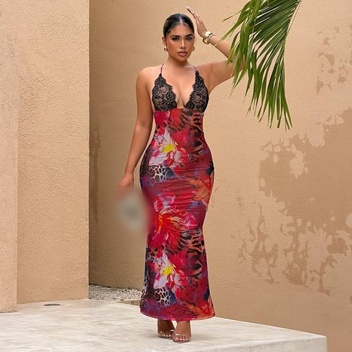 Lace Trim Floral Mermaid Maxi Dress
