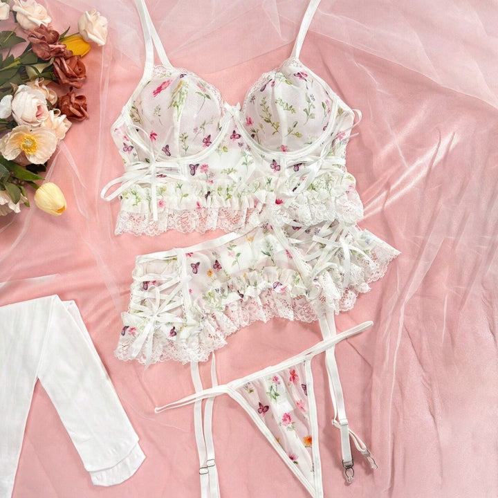 Floral Sheer Lace Ruffle Lingerie Set