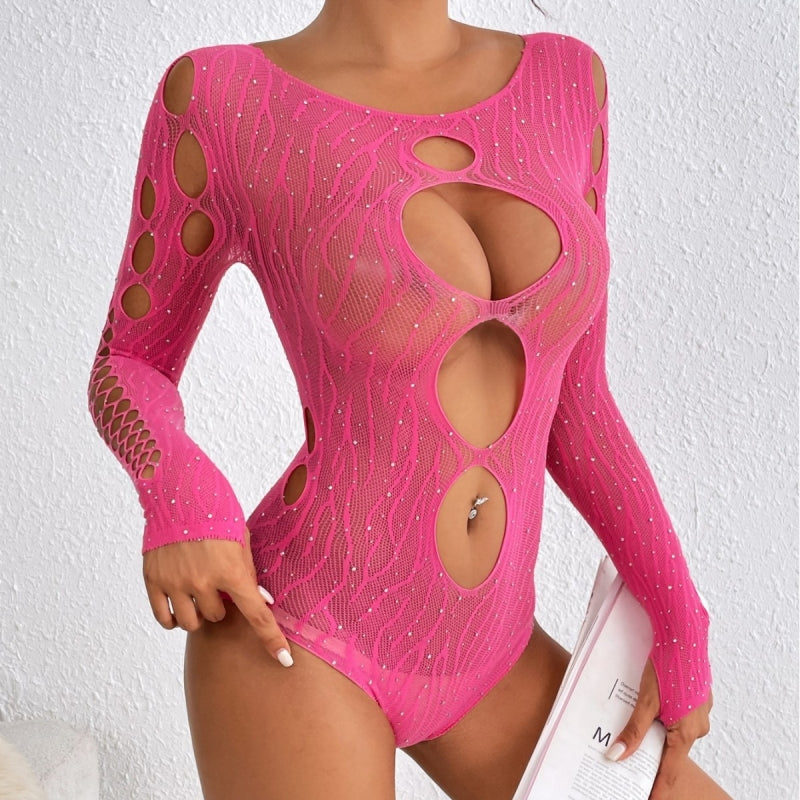 Rose Red Rhinestone Fishnet Bodysuit Lingerie
