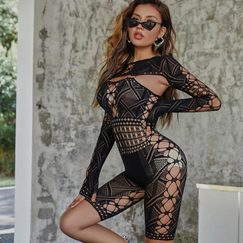 Geometric Lace Cut-Out Bodystocking Romper