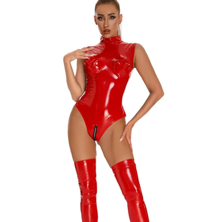 Detachable Chest Cups Patent Leather Bodysuit