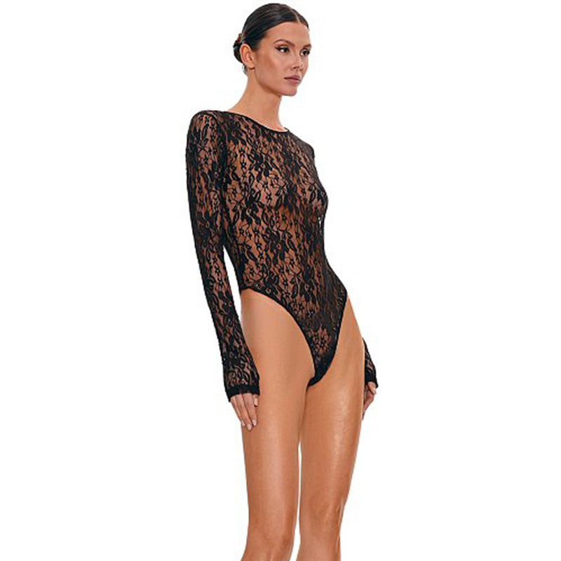 Noir Bloom Floral Lace Sheer Long-Sleeve Bodysuit