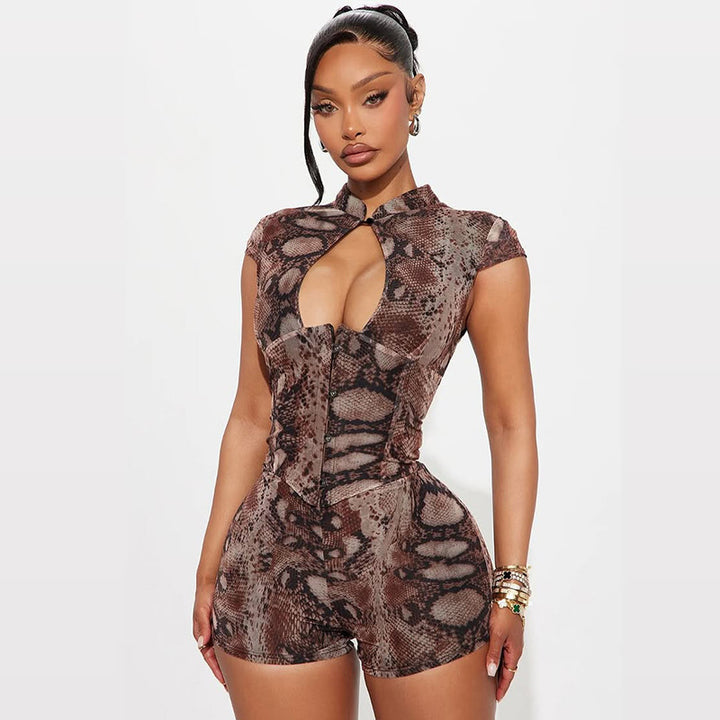 Snake Print High Neck Mesh Romper
