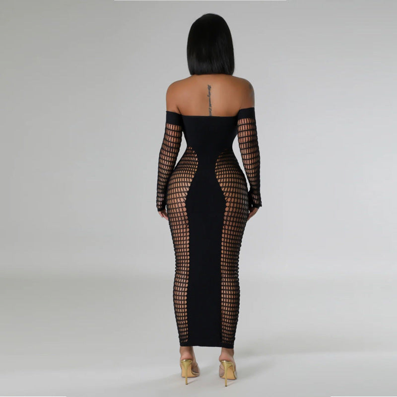 Off Shoulder Fishnet Patchwork Maxi Dress