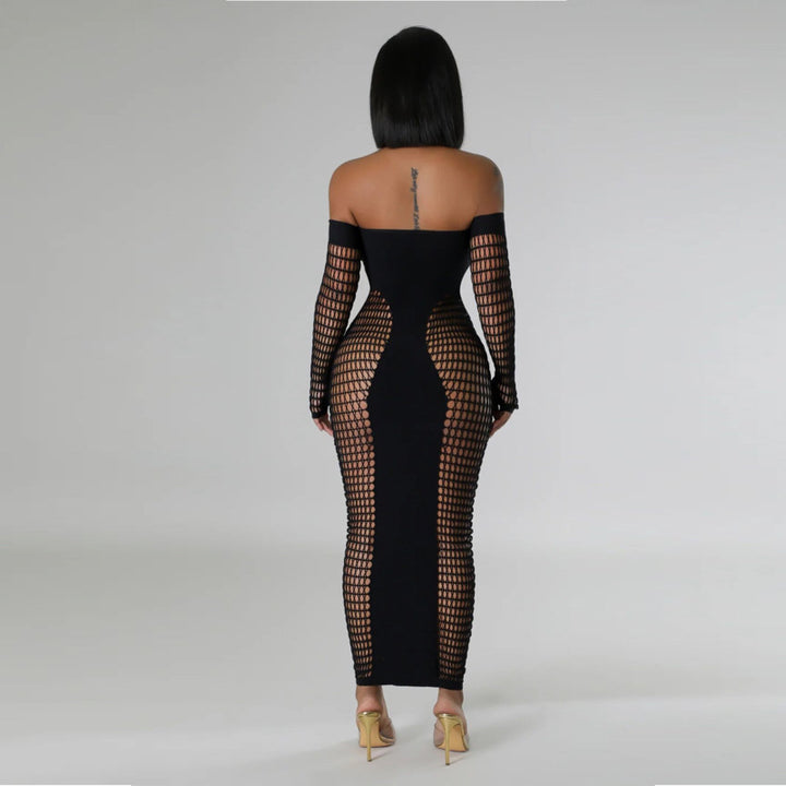 Off Shoulder Fishnet Patchwork Maxi Dress