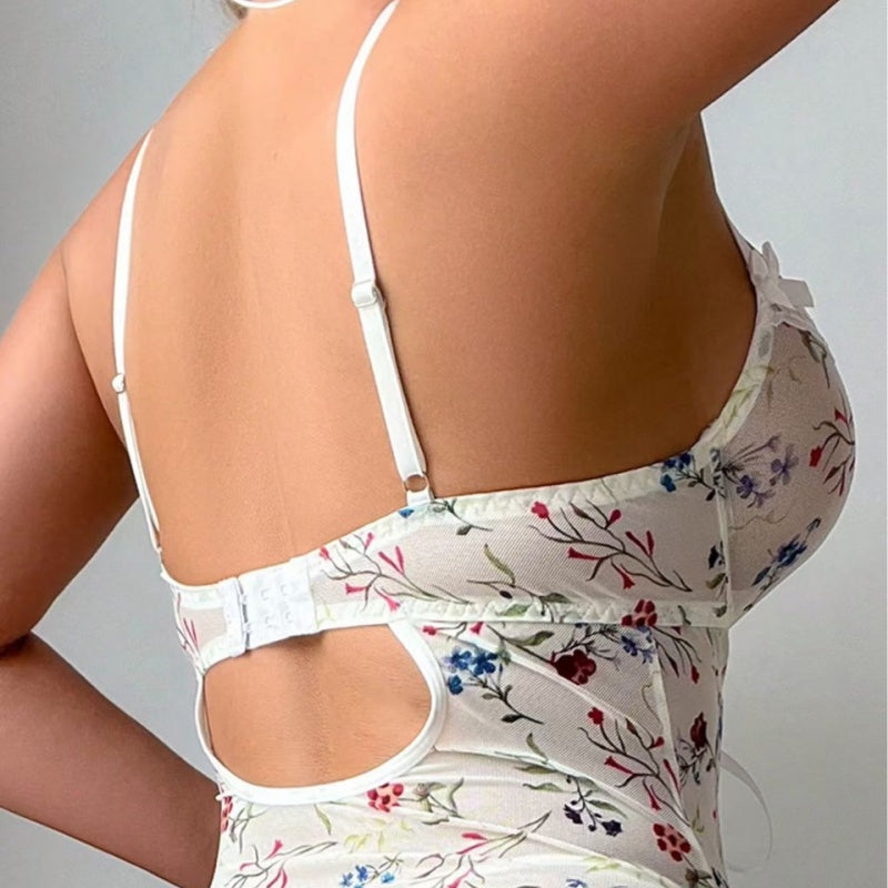 Floral Lace-Up Corset Babydoll Lingerie Set