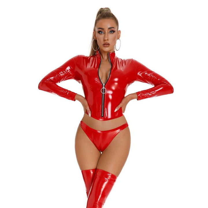 Glossy Patent Leather Zip Crop Top Bikini