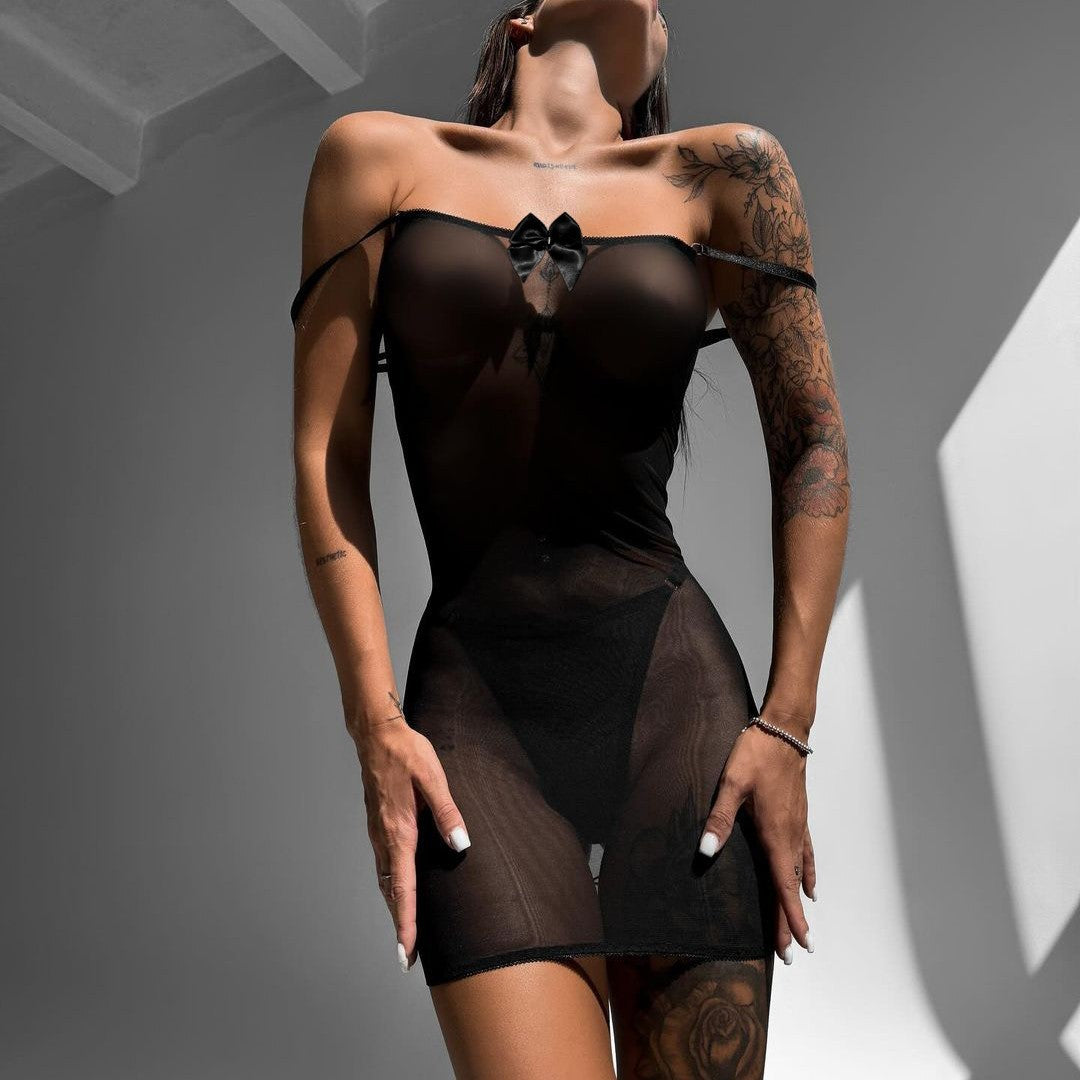 Spaghetti Strap Back Lace Up Sheer Mesh Chemise Set