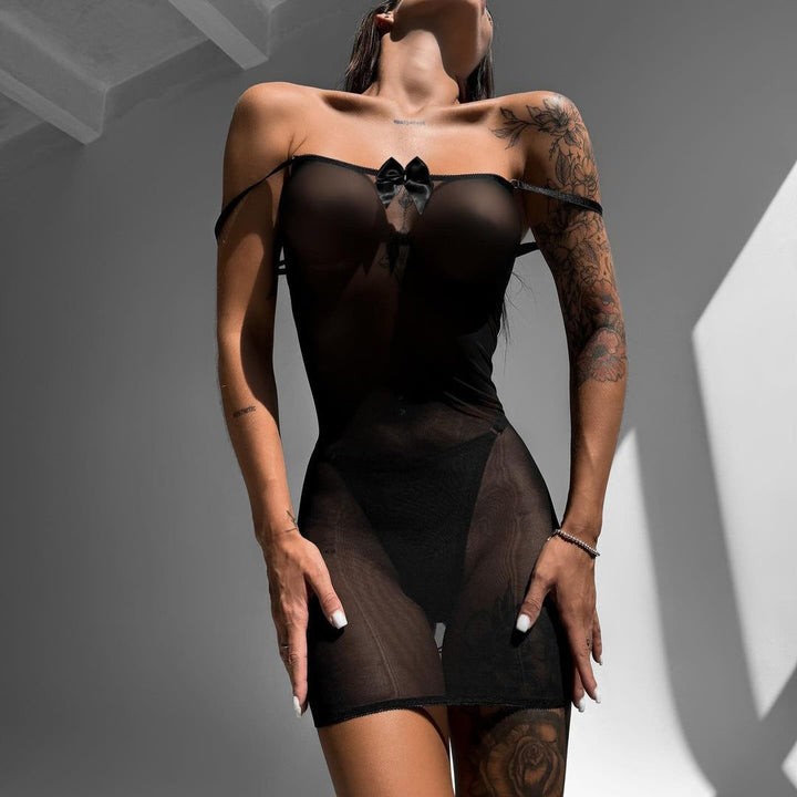 Spaghetti Strap Back Lace Up Sheer Mesh Chemise Set