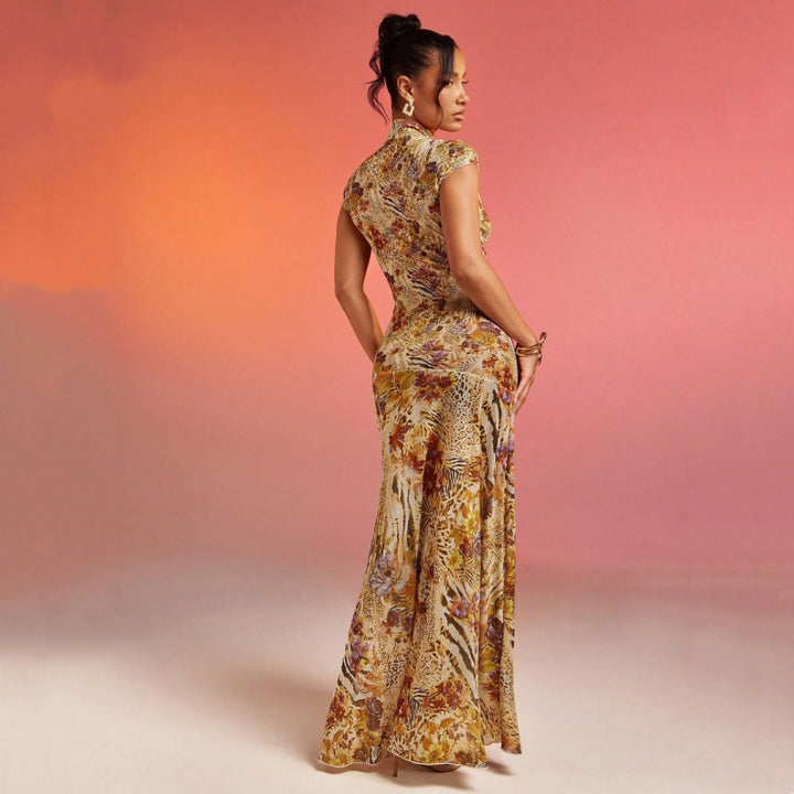 High Neck Floral Animal Print Mesh Maxi Dress