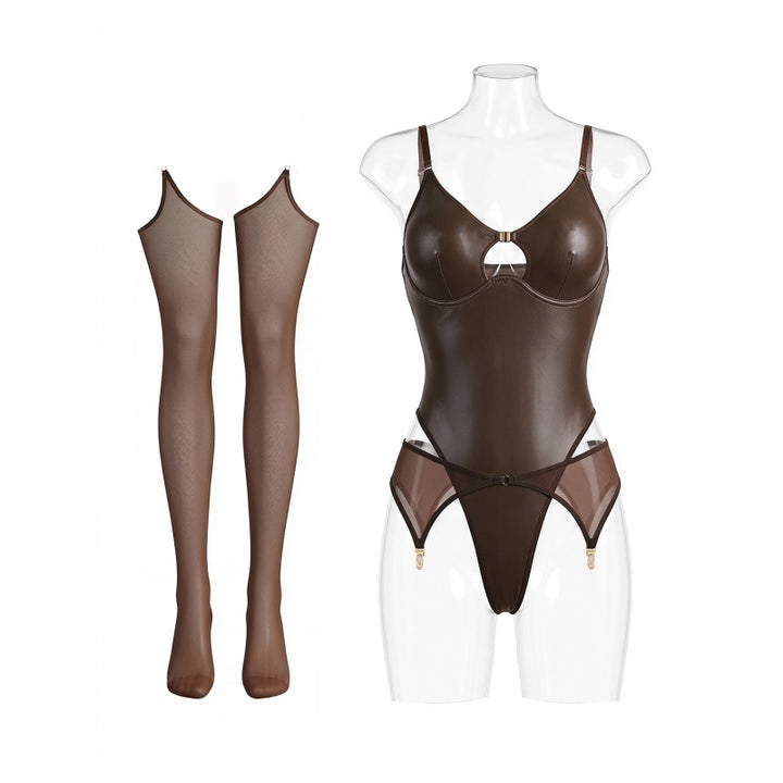 Cut-Out Shaping Bodysuit PU Leather Lingerie