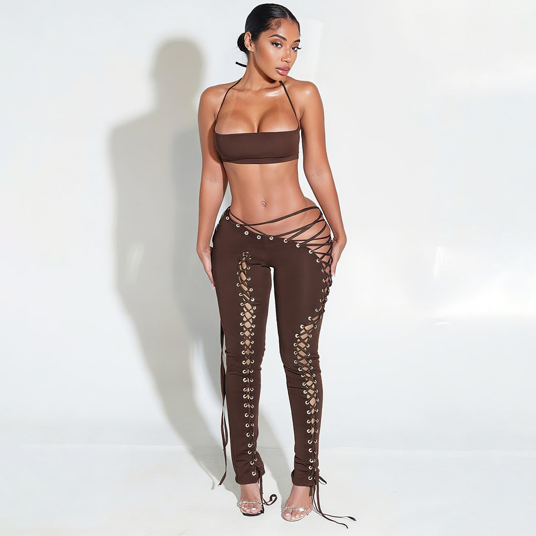 Halter Crop Top & Hollow Out Flared Pants Set