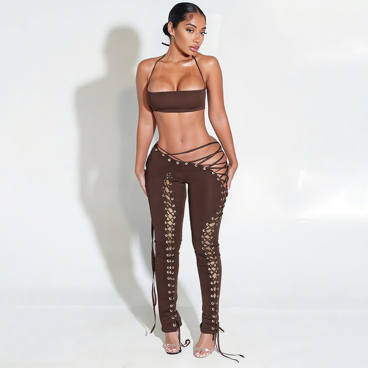 Halter Crop Top & Hollow Out Flared Pants Set