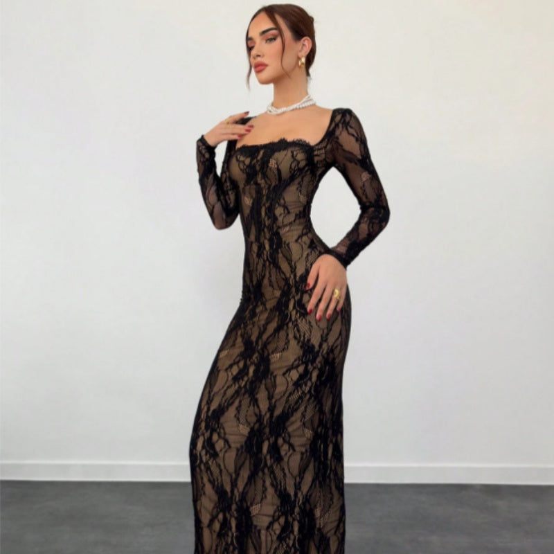 Square Neck Long Sleeve Floral Maxi Dress