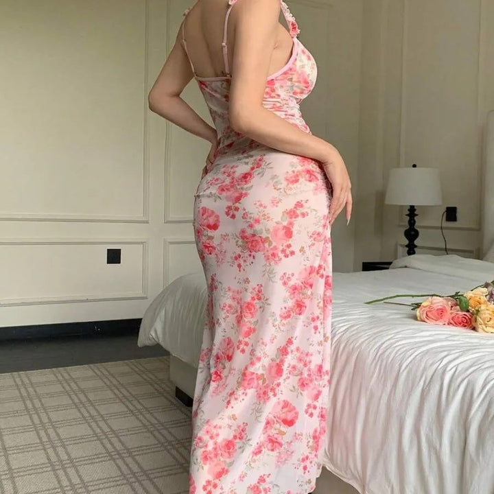 Floral Ruffle Strap Split Maxi Dress