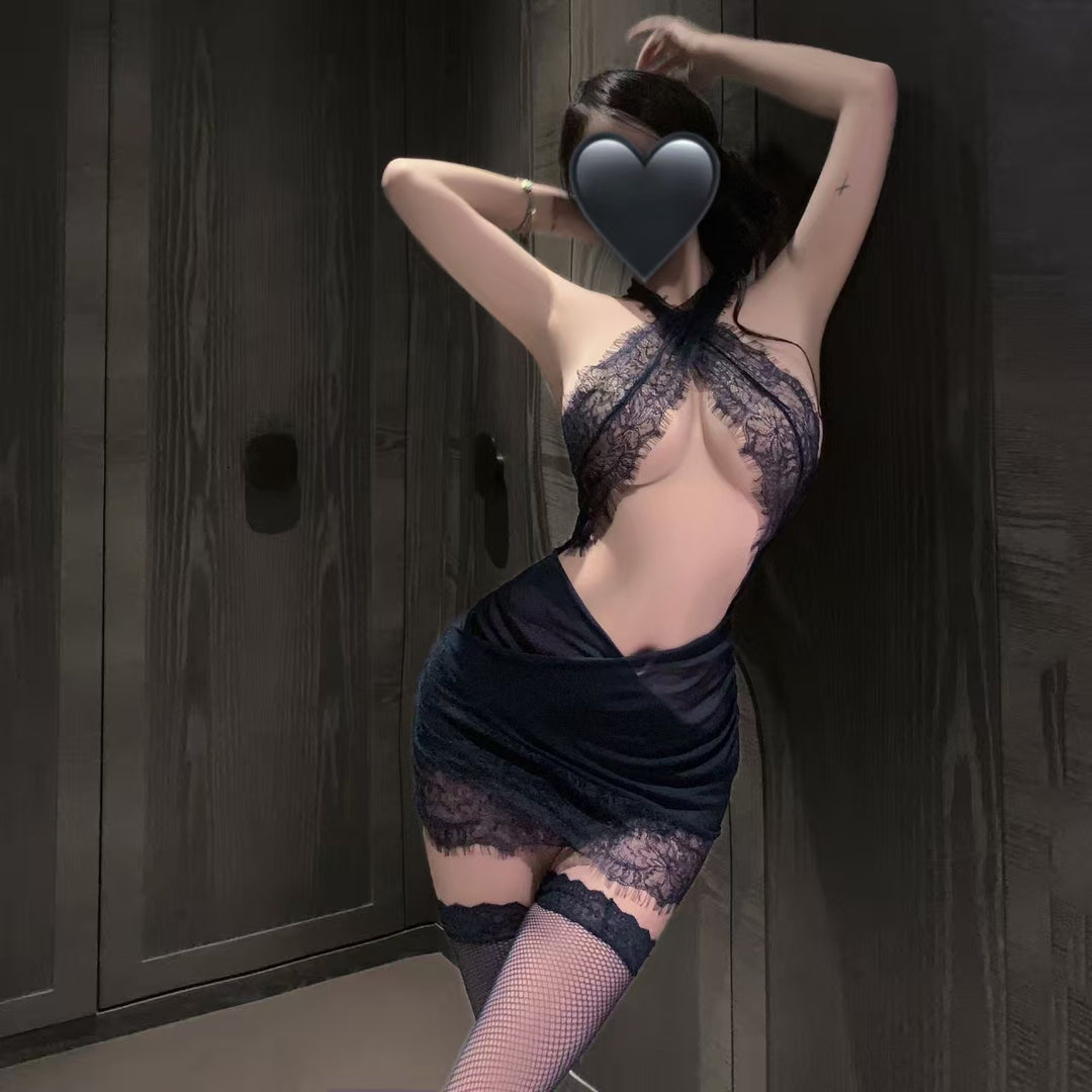 Open-Back Halter Lace Trim Bodycon Dress