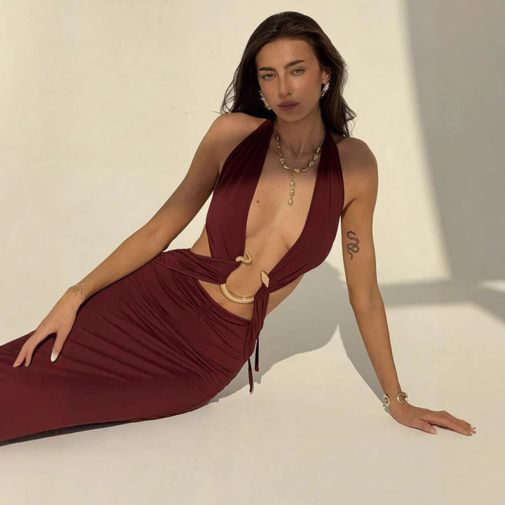 Metal Ring Cut‑Out Halter Tie‑Back Dress