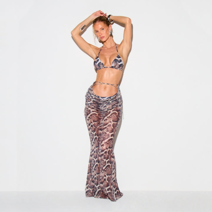Sheer Mesh Ruched Waist Tie Long Skirt