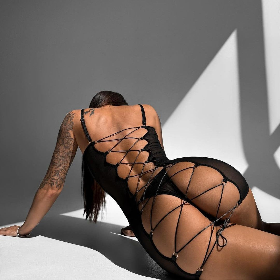 Spaghetti Strap Back Lace Up Sheer Mesh Chemise Set
