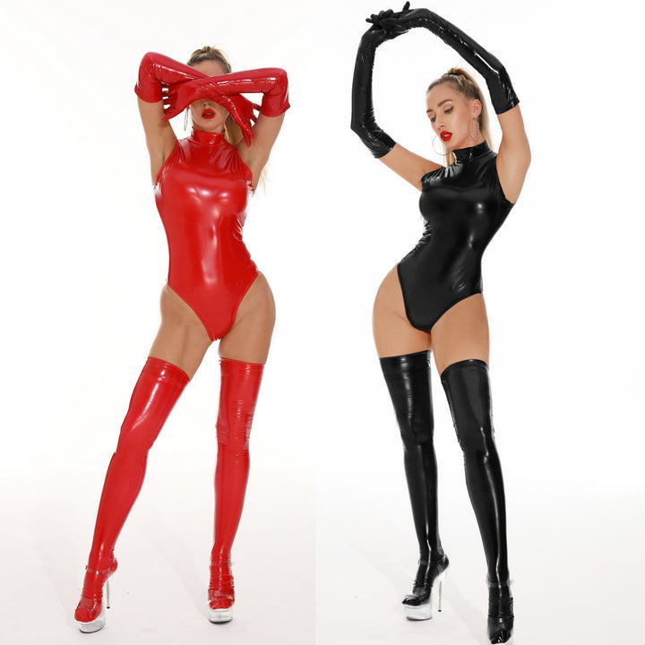 Glossy Patent Sleeveless High Neck Bodysuit