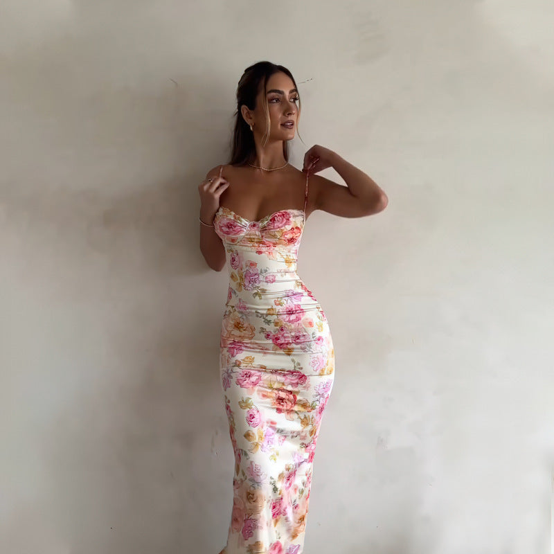 Floral Satin Cami Ruched Midi Dress