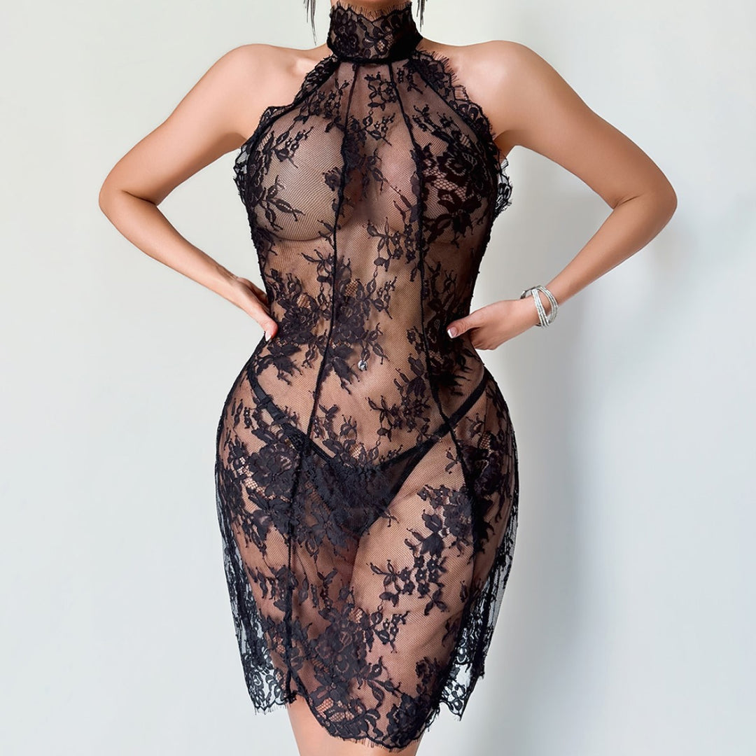 Seductive Sheer Lace Halter Mini Dress