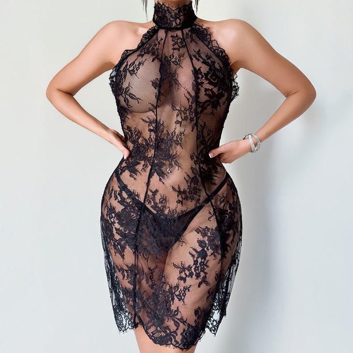 Seductive Sheer Lace Halter Mini Dress