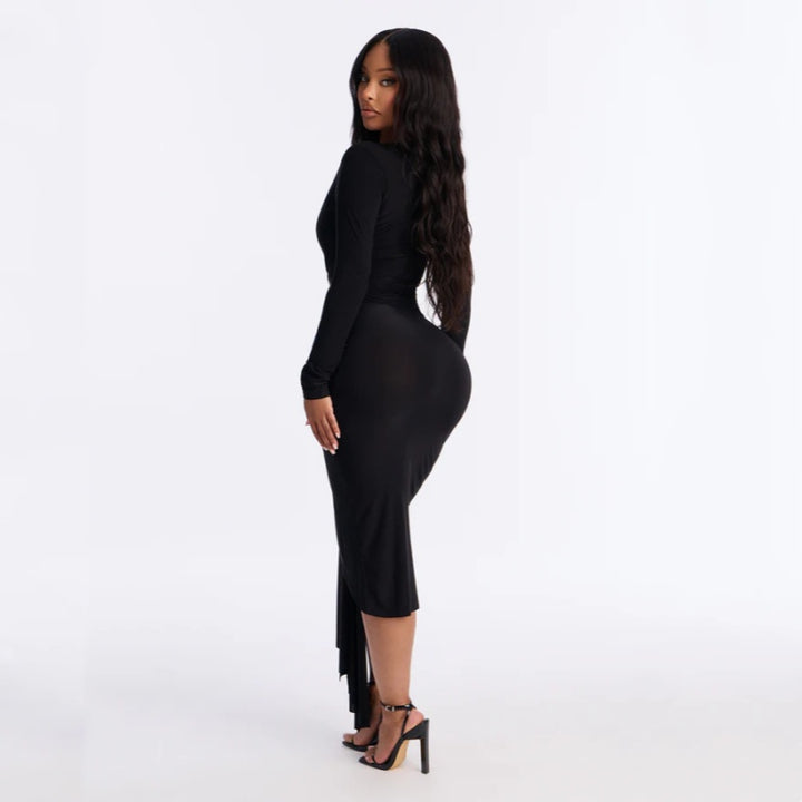 Long Sleeve Deep V Bodycon Midi Dress