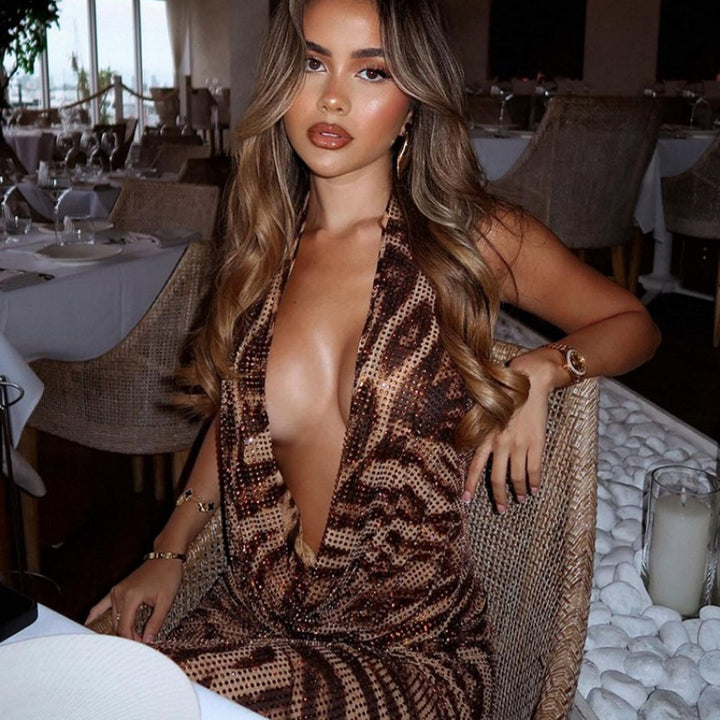 Halter Neck Leopard Print Sequin Midi Dress