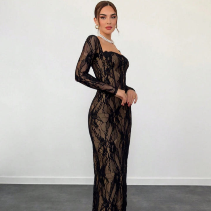 Square Neck Long Sleeve Floral Maxi Dress
