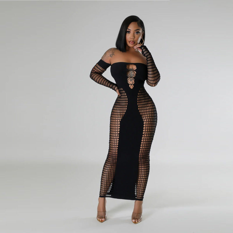 Off Shoulder Fishnet Patchwork Maxi Dress