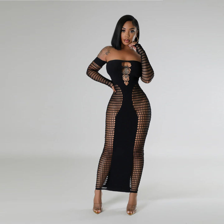 Off Shoulder Fishnet Patchwork Maxi Dress