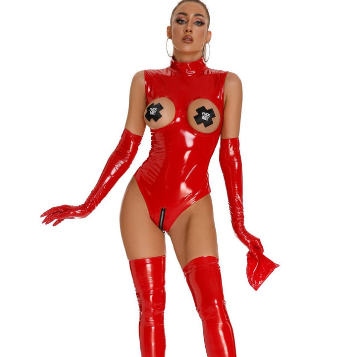 Detachable Chest Cups Patent Leather Bodysuit