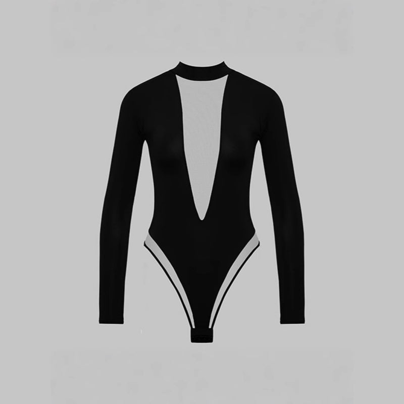 Deep V Sheer Mesh Panel Long Sleeve Bodysuit