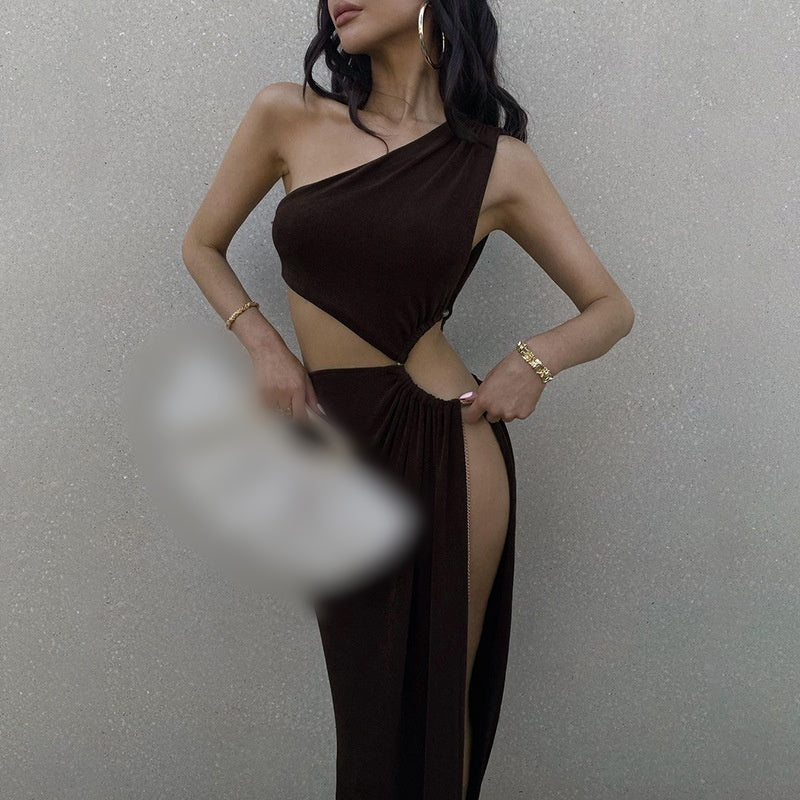 One‑Shoulder Cutout High Slit Maxi Gown