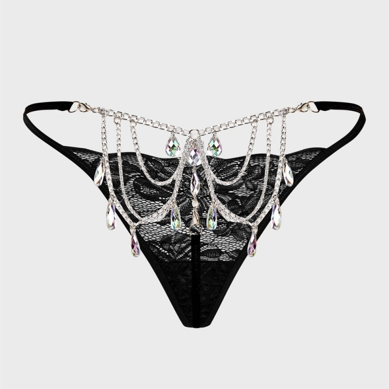 Rhinestone Heart Tassel Thong