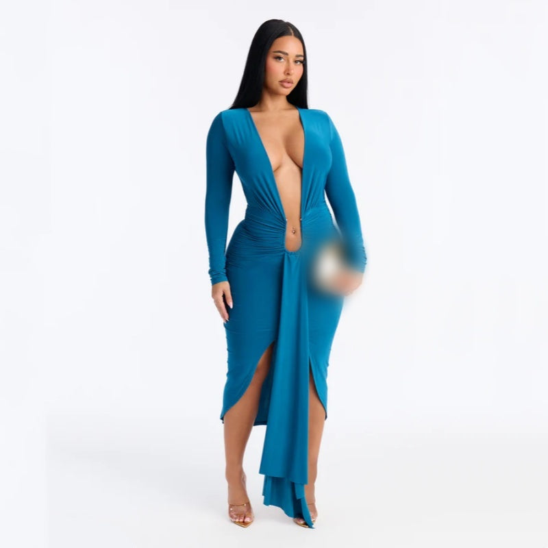 Long Sleeve Deep V Bodycon Midi Dress