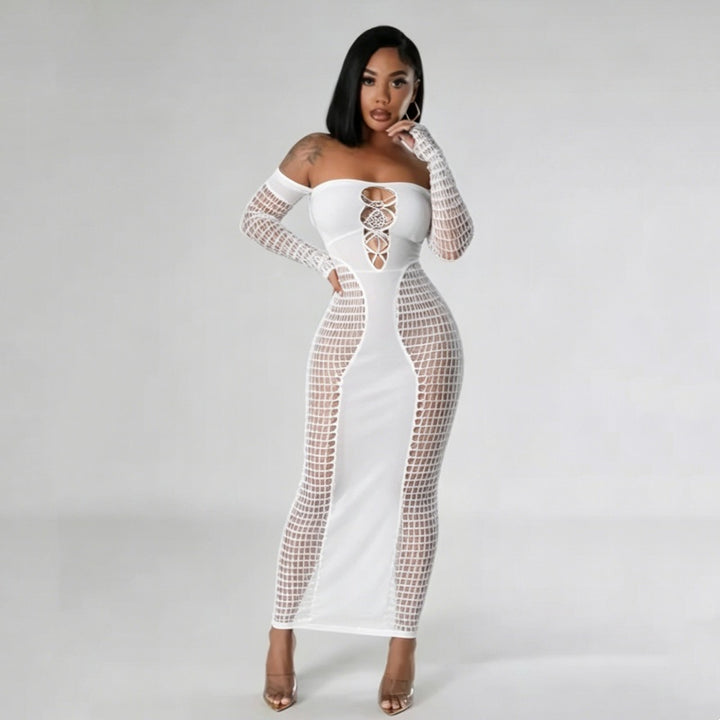 Off Shoulder Fishnet Patchwork Maxi Dress