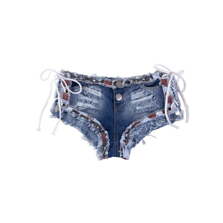 Ripped Lace‑Up Denim Micro Shorts